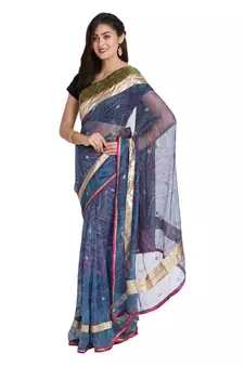 Blue printed net saree with blouse