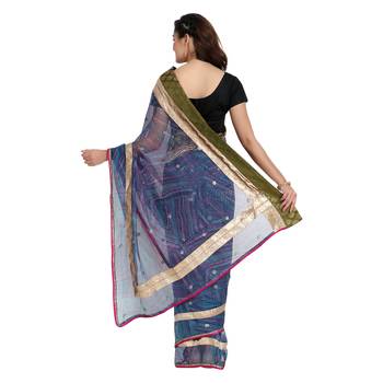 Blue printed net saree with blouse 2