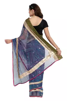 Blue printed net saree with blouse