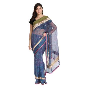 Blue printed net saree with blouse 5