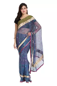 Blue printed net saree with blouse