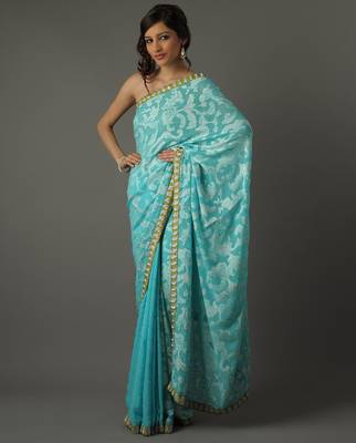 Blue  embroidered crepe saree with blouse 1