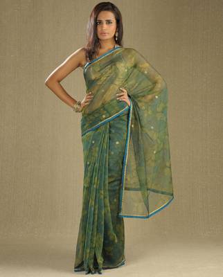 Green printed net saree with blouse 1