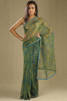 Green printed net saree with blouse