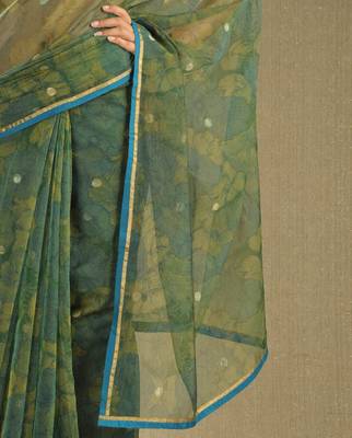 Green printed net saree with blouse 2