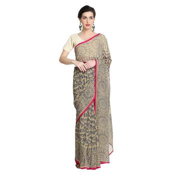 Beige printed viscose saree with blouse 1