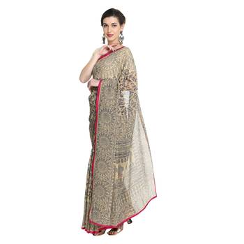 Beige printed viscose saree with blouse 2