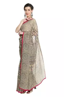 Beige printed viscose saree with blouse