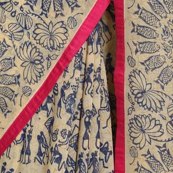 Beige printed viscose saree with blouse 3