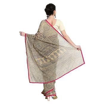 Beige printed viscose saree with blouse 4