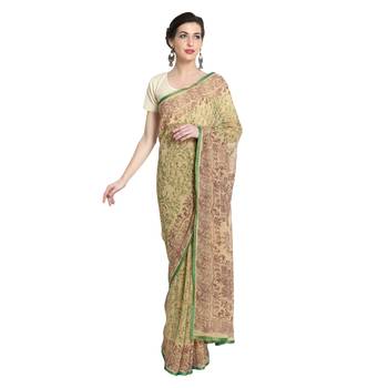 Beige printed viscose saree with blouse 1