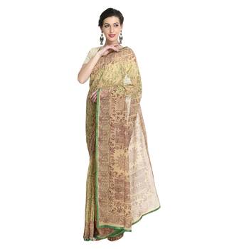 Beige printed viscose saree with blouse 2
