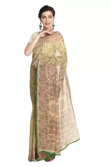 Beige printed viscose saree with blouse