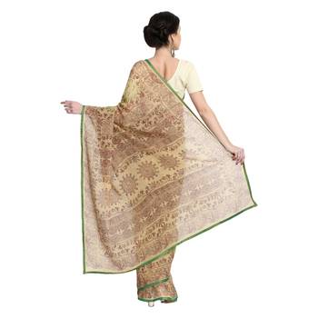 Beige printed viscose saree with blouse 3