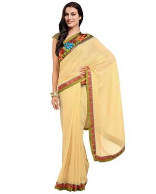 Beige embroidered viscose saree with blouse 1
