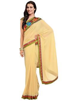 Beige embroidered viscose saree with blouse