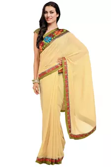 Beige embroidered viscose saree with blouse