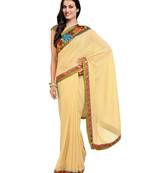 Beige embroidered viscose saree with blouse