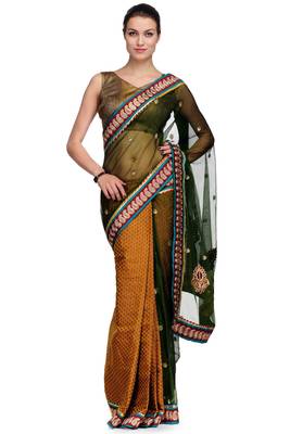 Green embroidered brocade saree with blouse 1
