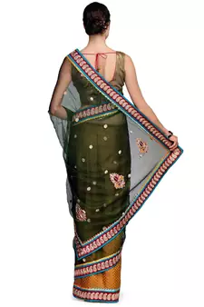 Green embroidered brocade saree with blouse