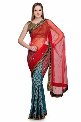 Red embroidered brocade saree with blouse 1