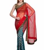 Red embroidered brocade saree with blouse