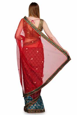 Red embroidered brocade saree with blouse 2