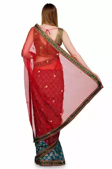 Red embroidered brocade saree with blouse