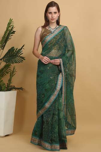 Green printed benarsi net saree with blouse pc