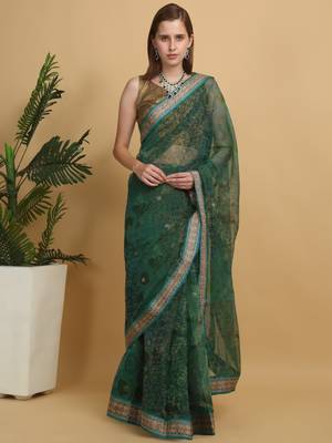 Green printed benarsi net saree with blouse pc 1
