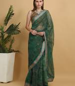 Green printed benarsi net saree with blouse pc
