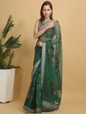 Green printed benarsi net saree with blouse pc 2