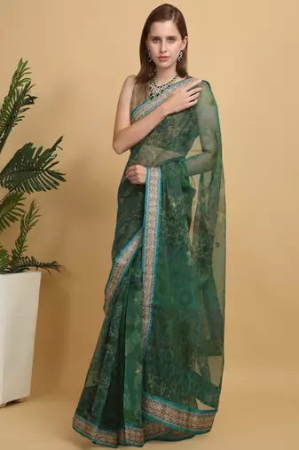 Green printed benarsi net saree with blouse pc