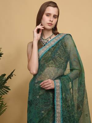 Green printed benarsi net saree with blouse pc 3