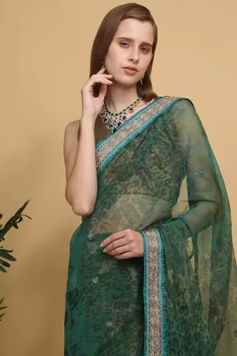 Green printed benarsi net saree with blouse pc