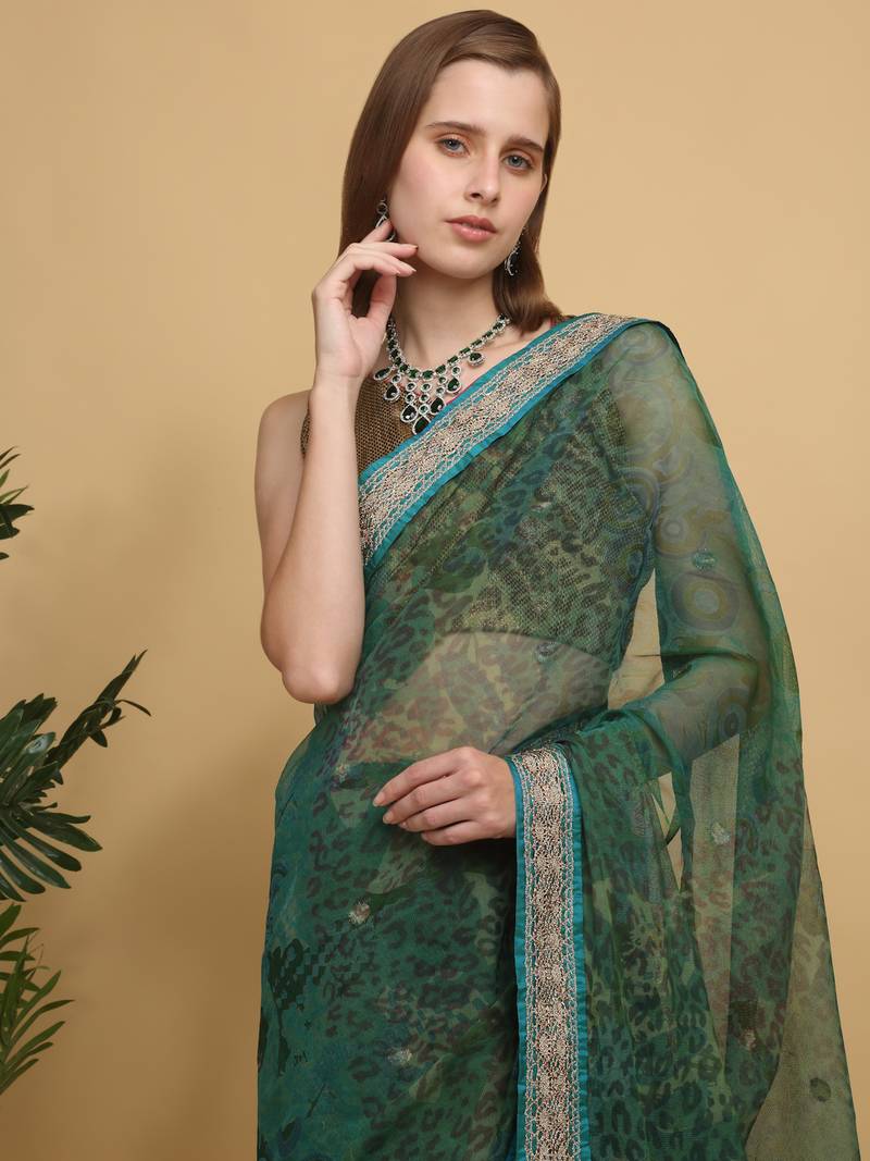 Green printed benarsi net saree with blouse pc