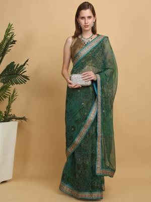Green printed benarsi net saree with blouse pc 4
