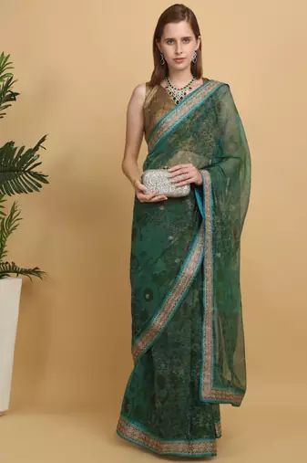 Green printed benarsi net saree with blouse pc
