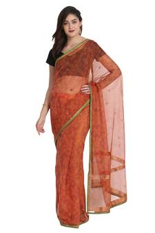 Orange printed net saree with blouse