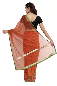 Orange printed net saree with blouse