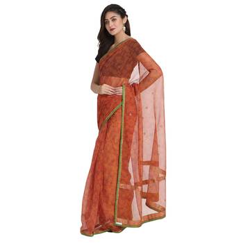 Orange printed net saree with blouse 5