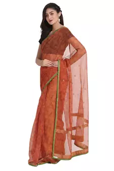 Orange printed net saree with blouse