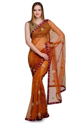 Mustard embroidered net saree with blouse 1