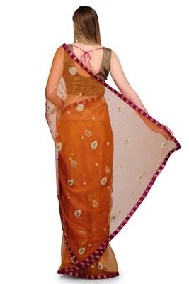 Mustard embroidered net saree with blouse 2