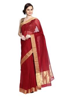 Maroon hand woven chanderi saree with blouse