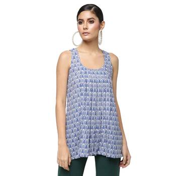Blue Block Print Cotton Sleeveless Top 1