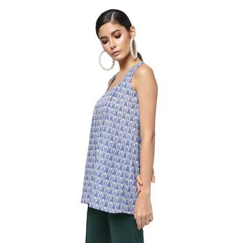 Blue Block Print Cotton Sleeveless Top 2