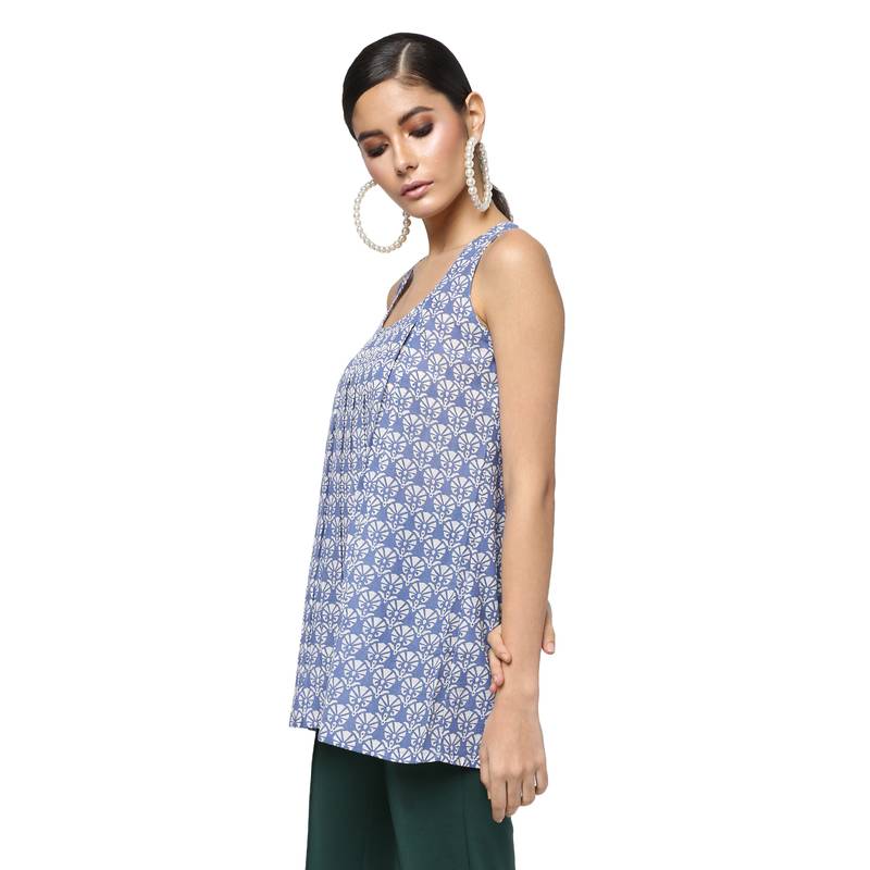 Blue Block Print Cotton Sleeveless Top