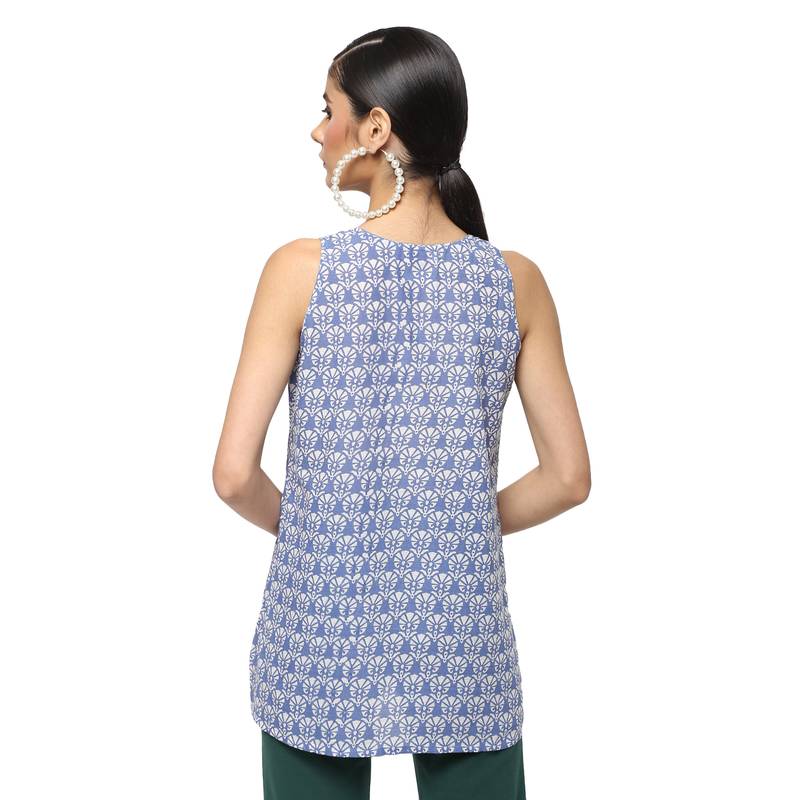 Blue Block Print Cotton Sleeveless Top