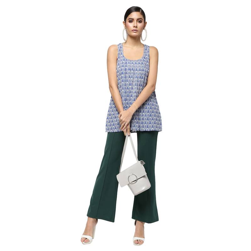 Blue Block Print Cotton Sleeveless Top